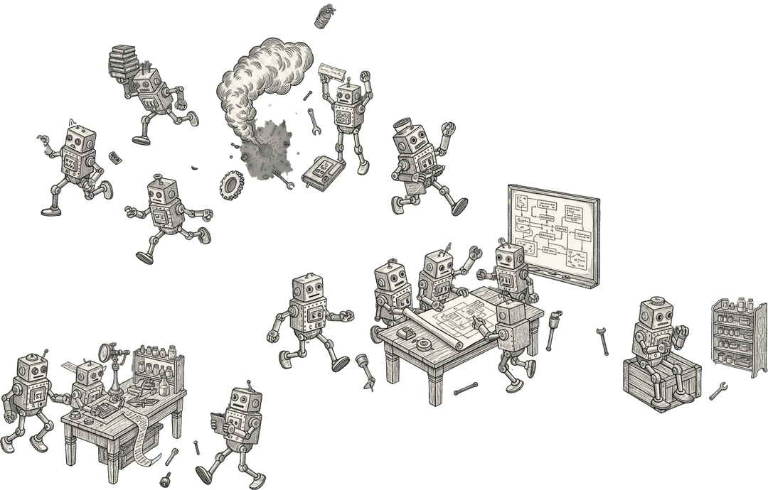 Bustling robot laboratory with automatons inventing, communicating, and occasionally exploding things